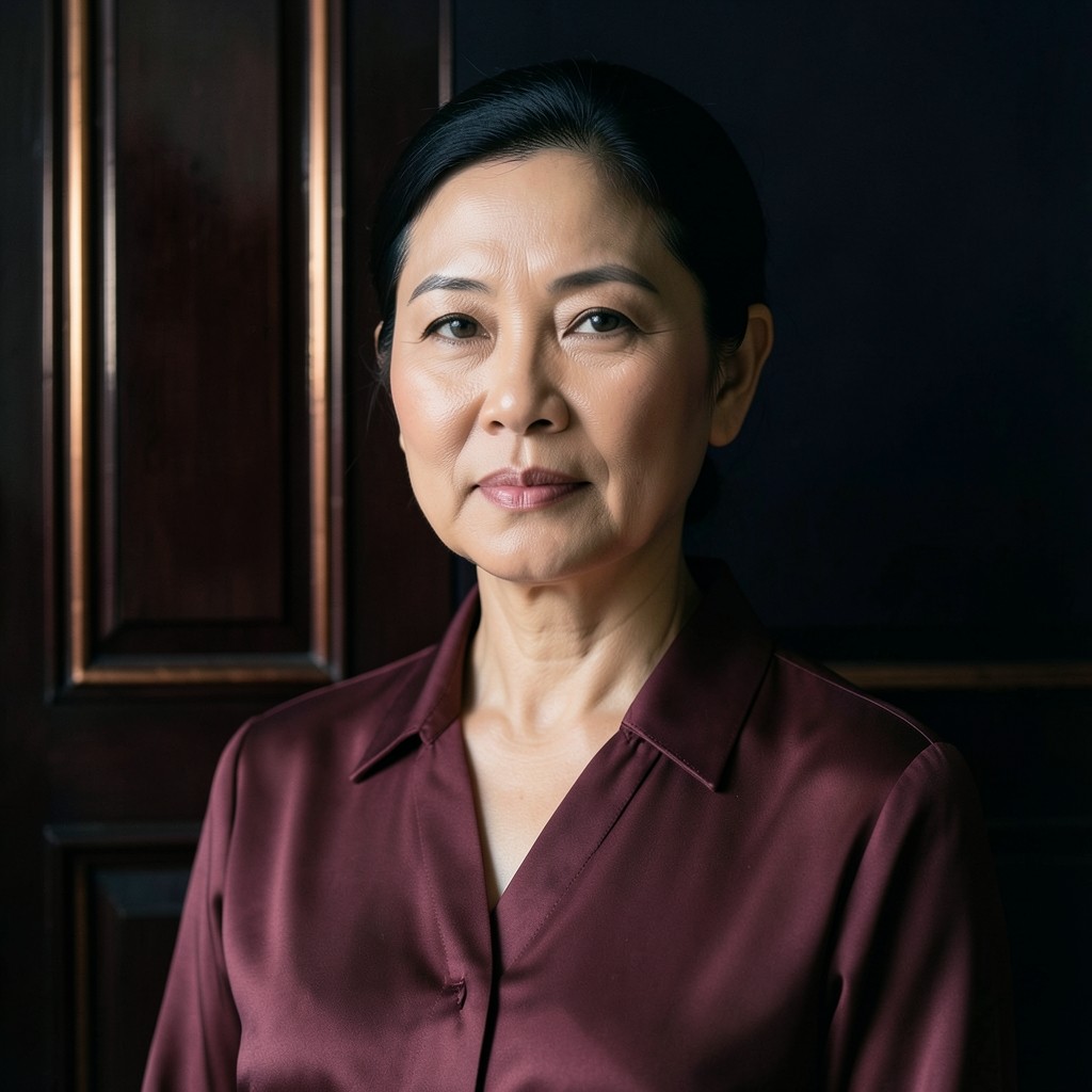 Portrait of Aminah Lateh seated against dark wood with a soft copper rim light