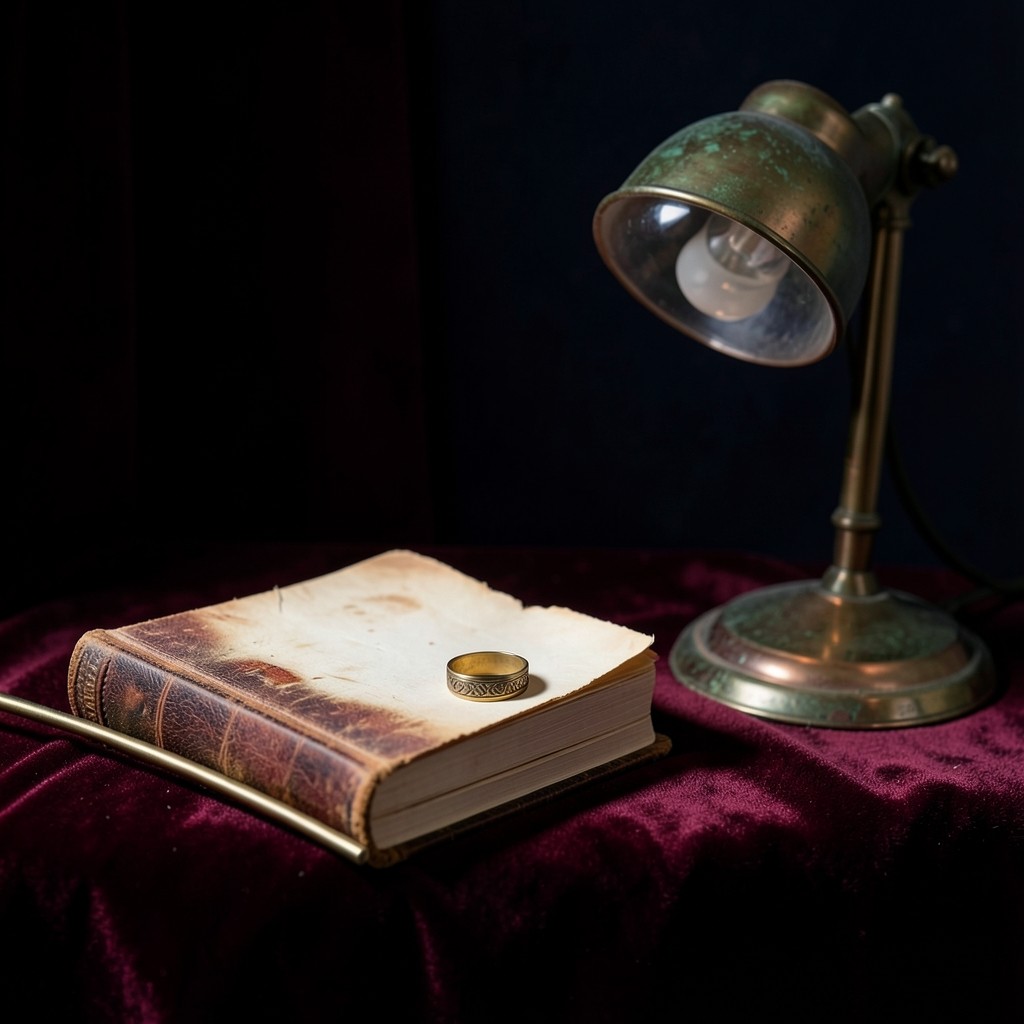 A closed leather appointment book and a brass ring beside a copper lamp