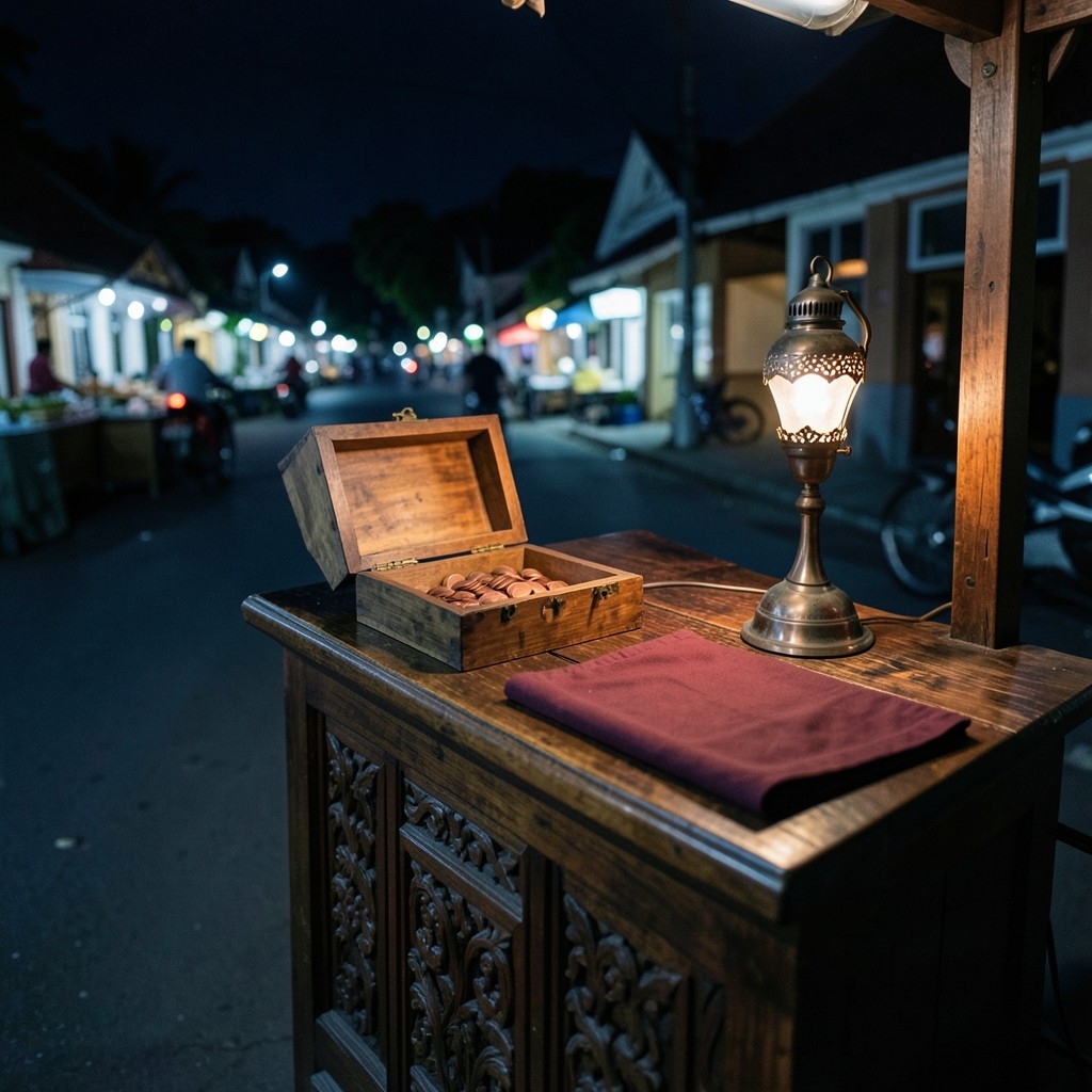 A closed market stall at night with a wooden cash box and a single copper lamp