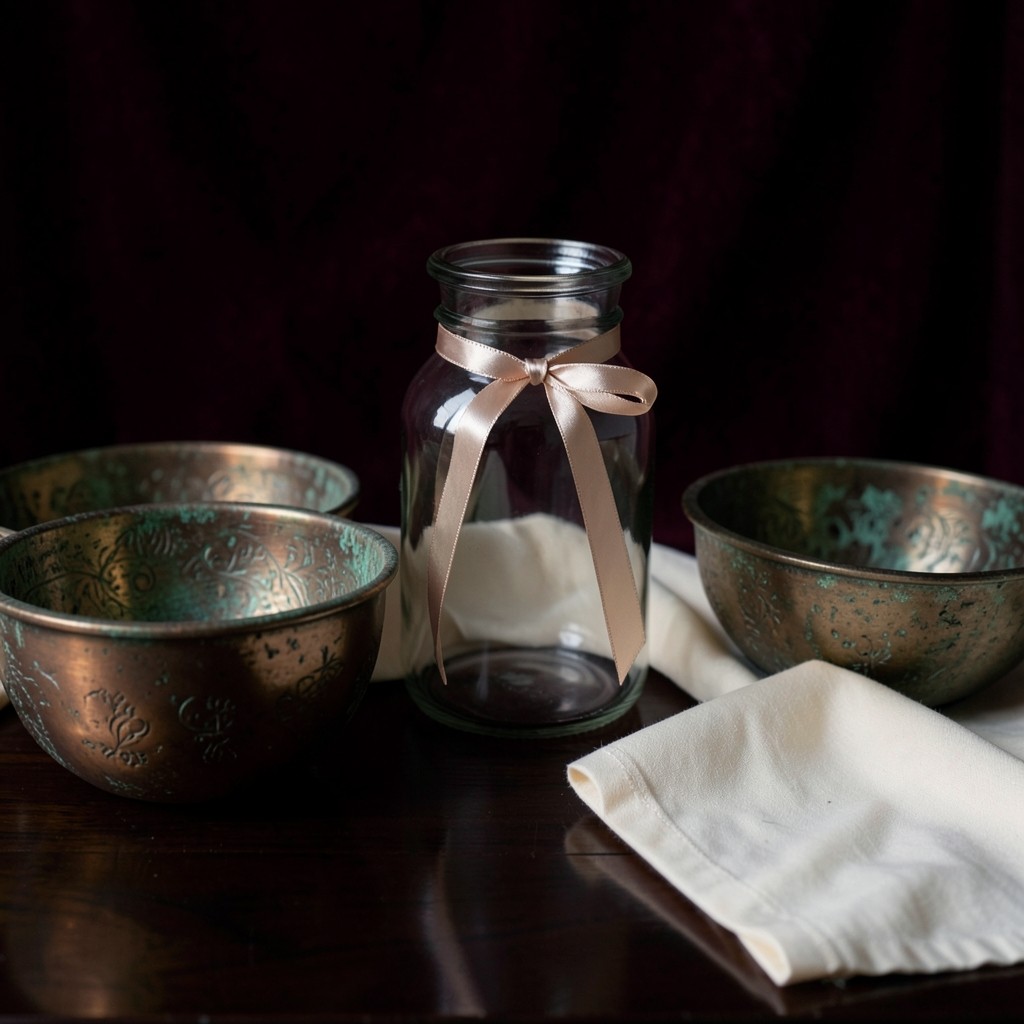 Copper bowls, folded ivory cloth, and a closed glass jar with a thin ribbon on dark wood