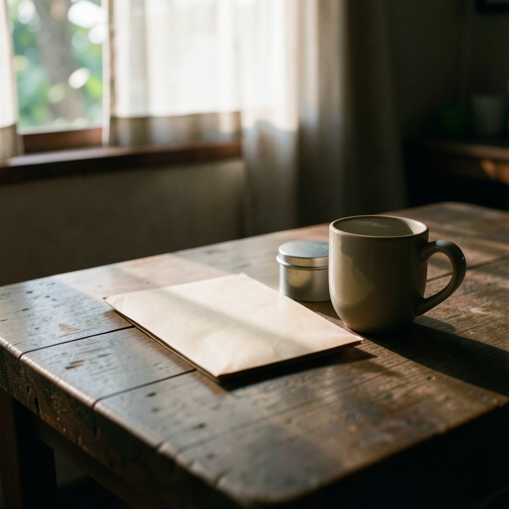 Dawn light on a wooden kitchen table with an unopened kraft envelope and a small tin