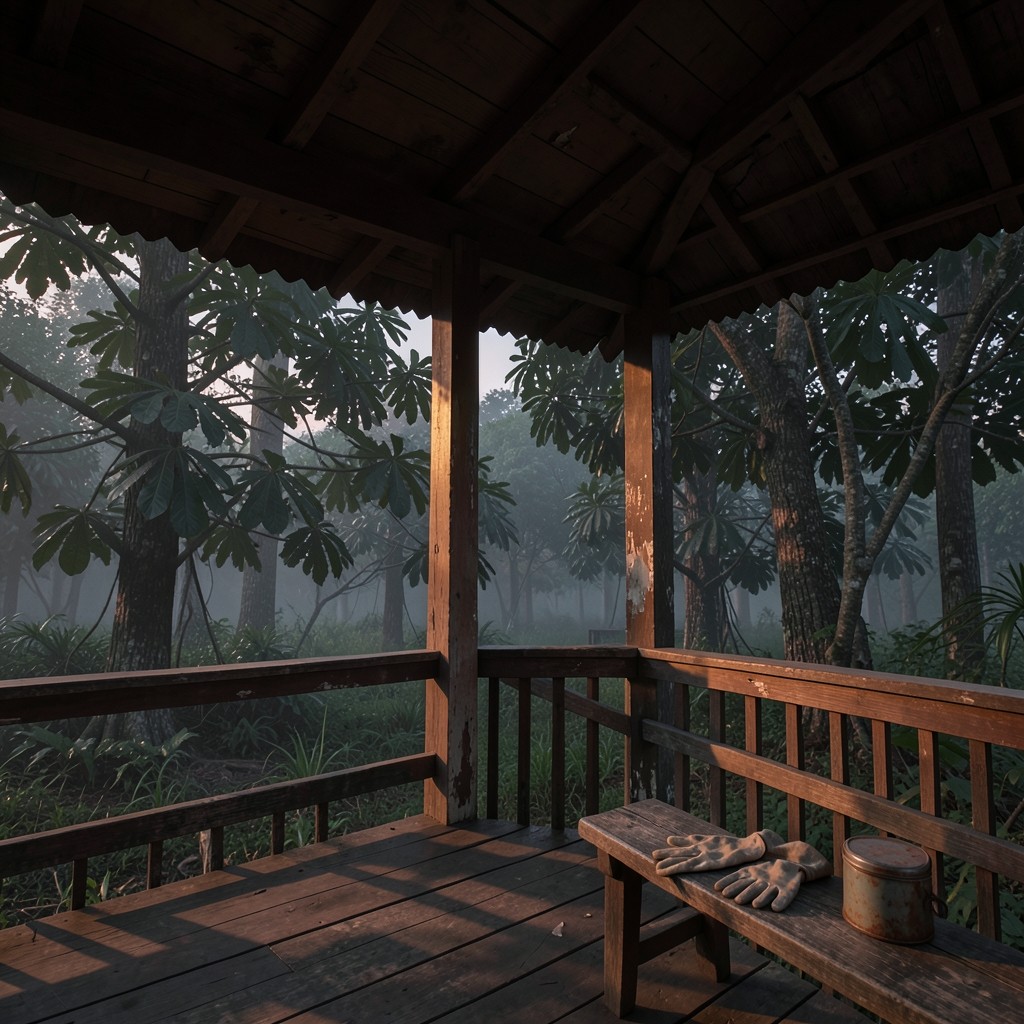 Dusk on a wooden veranda with a metal savings tin and worn gloves, rubber trees behind