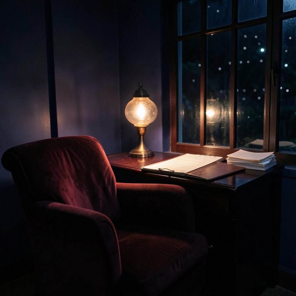 Evening sitting room with a lacquered desk, burgundy velvet chair, and copper lamp