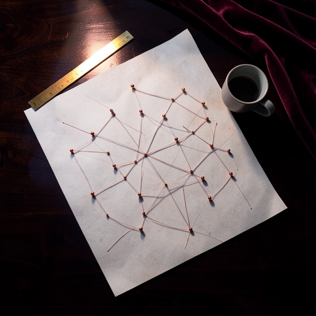 Overhead view of a blank kraft sheet with copper pins and thread on a dark wood table
