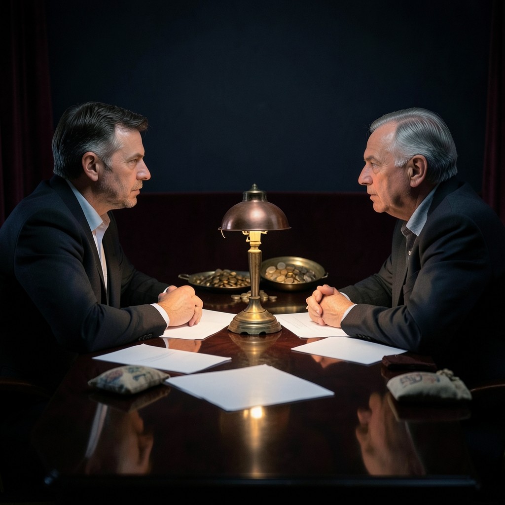 Two adults at a lacquered table with blank papers and cloth pouches under a copper lamp