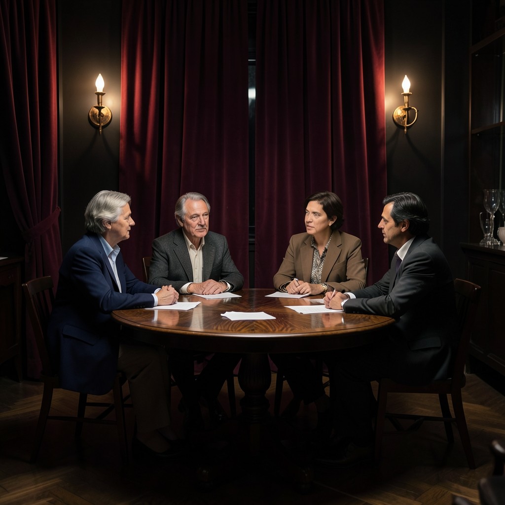 Four adults seated around a round dark wood table in a room with velvet curtains and copper light