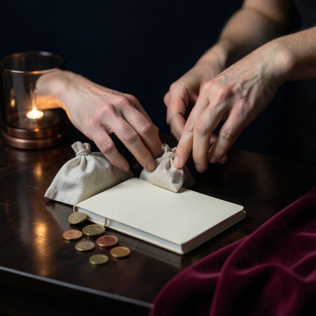 Adult hands arranging linen pouches and coins on dark wood beside a blank notebook